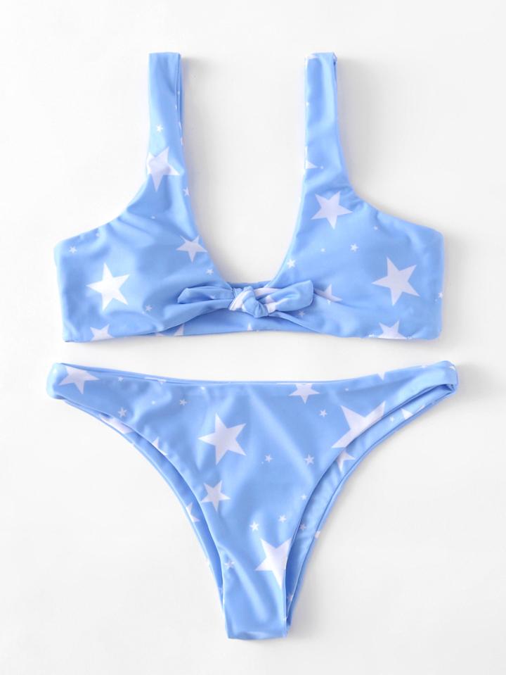 Romwe Star Print Knot Front Bikini Set