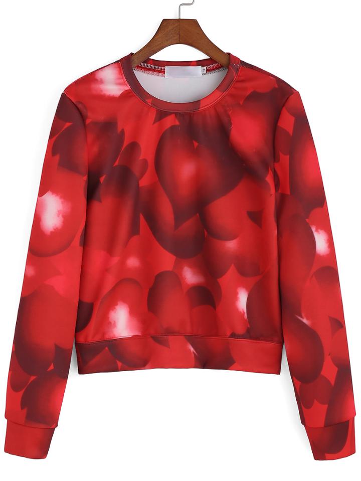 Romwe Round Neck Heart Print Sweatshirt