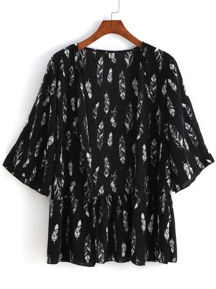 Romwe Feather Print Chiffon Black Top