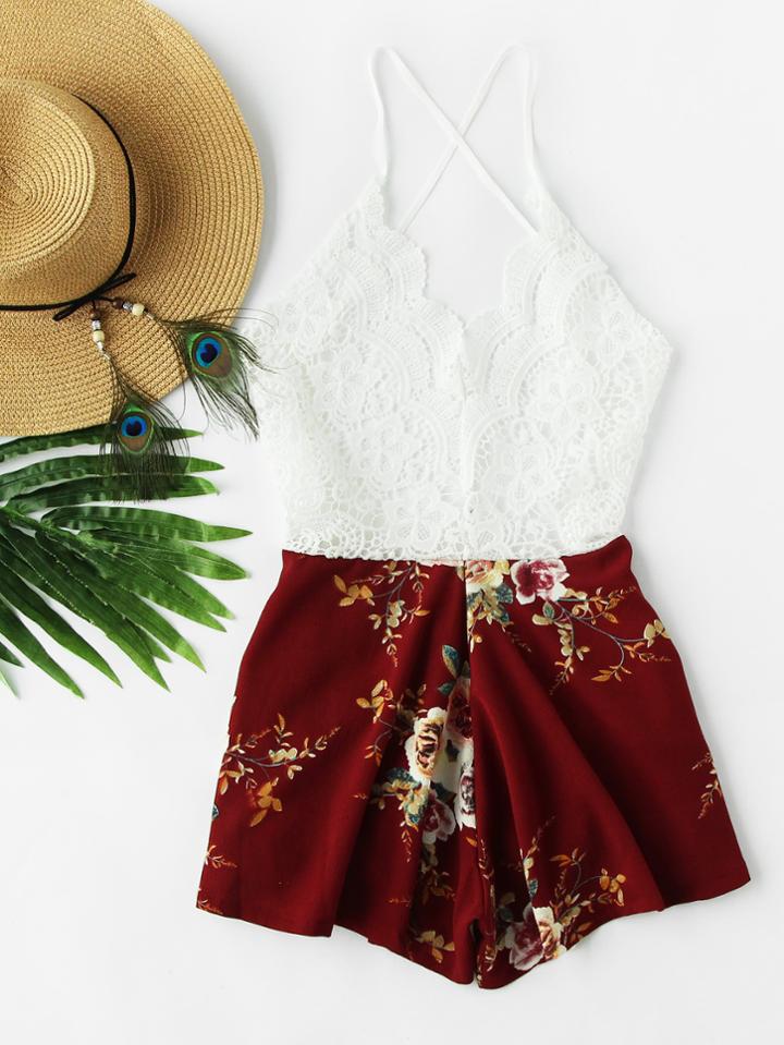 Romwe Floral Print Lace Bodice Criss Cross Backless Romper