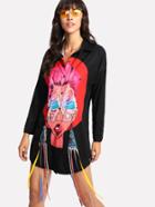 Romwe Figure Print Letter Tape Detail Shirt