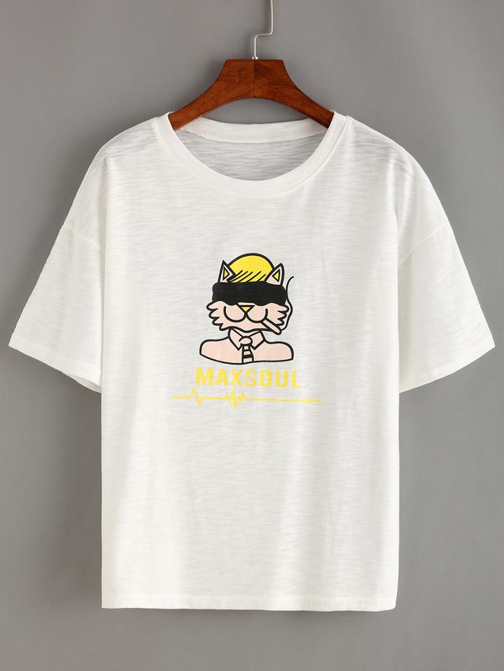 Romwe Cartoon Print Drop Sleeve T-shirt