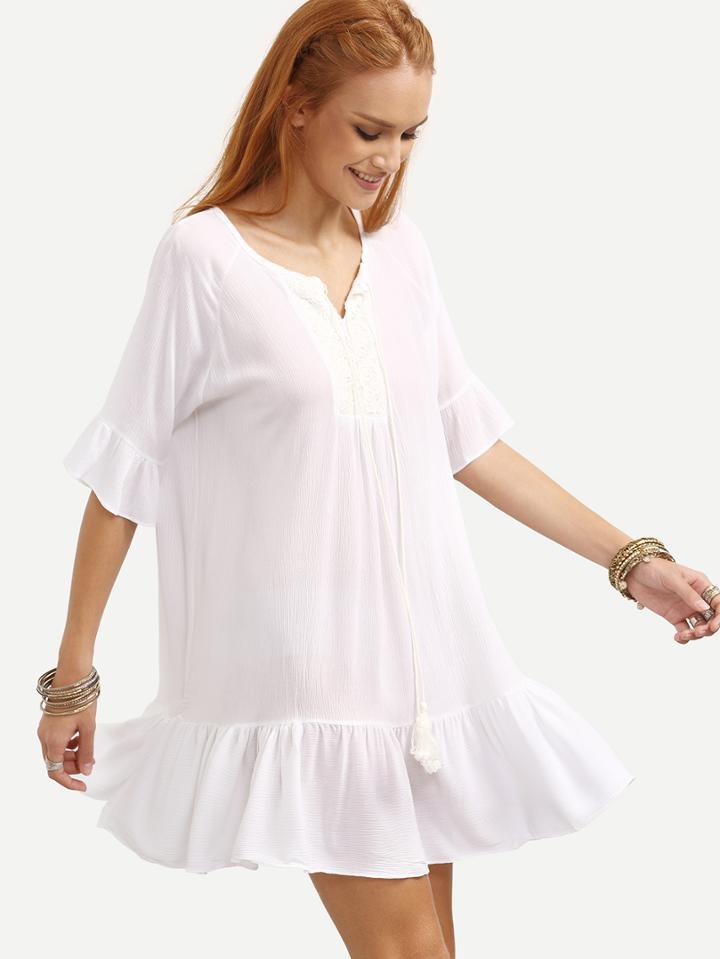 Romwe Lace Applique Tassel Tie Ruffled Dress - White