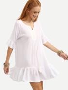 Romwe Lace Applique Tassel Tie Ruffled Dress - White