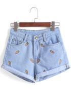 Romwe Carrot Embroidered Cuffed Denim Shorts