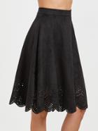 Romwe Black Suede Laser Cutout Midi Skirt