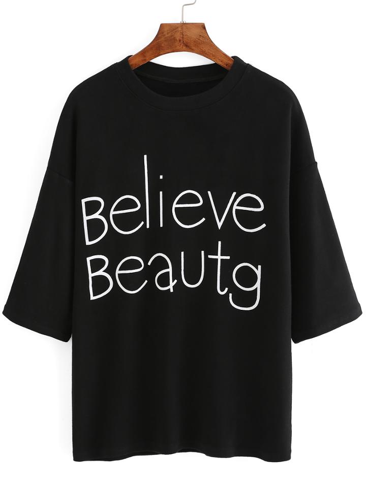 Romwe Elbow Sleeve Letter Print Black T-shirt
