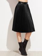 Romwe Black Pu Pleated Knee Length Skirt