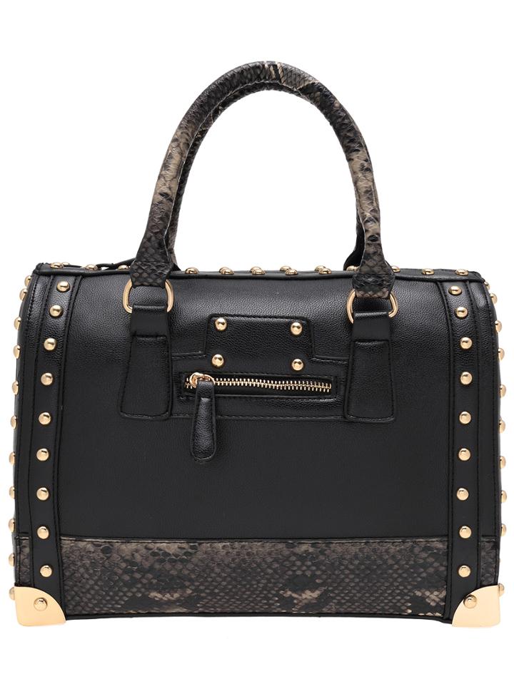 Romwe Black Pu Snake Leather Embellished Studded Bowling Bag