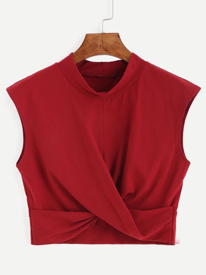 Romwe Red Mock Neck Crop Twist Tank Top