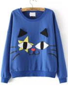 Romwe Cat Print Embroidered Patch Blue Sweatshirt