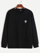 Romwe Black Alien Embroidered Long Sleeve Sweatshirt