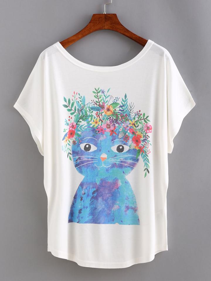 Romwe Cat Print Bat Sleeve T-shirt