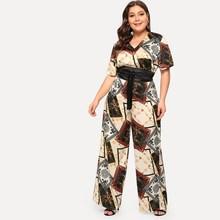 Romwe Plus Scarf Print Corset Jumpsuit