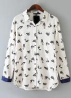 Romwe High Low Birds Print White Blouse