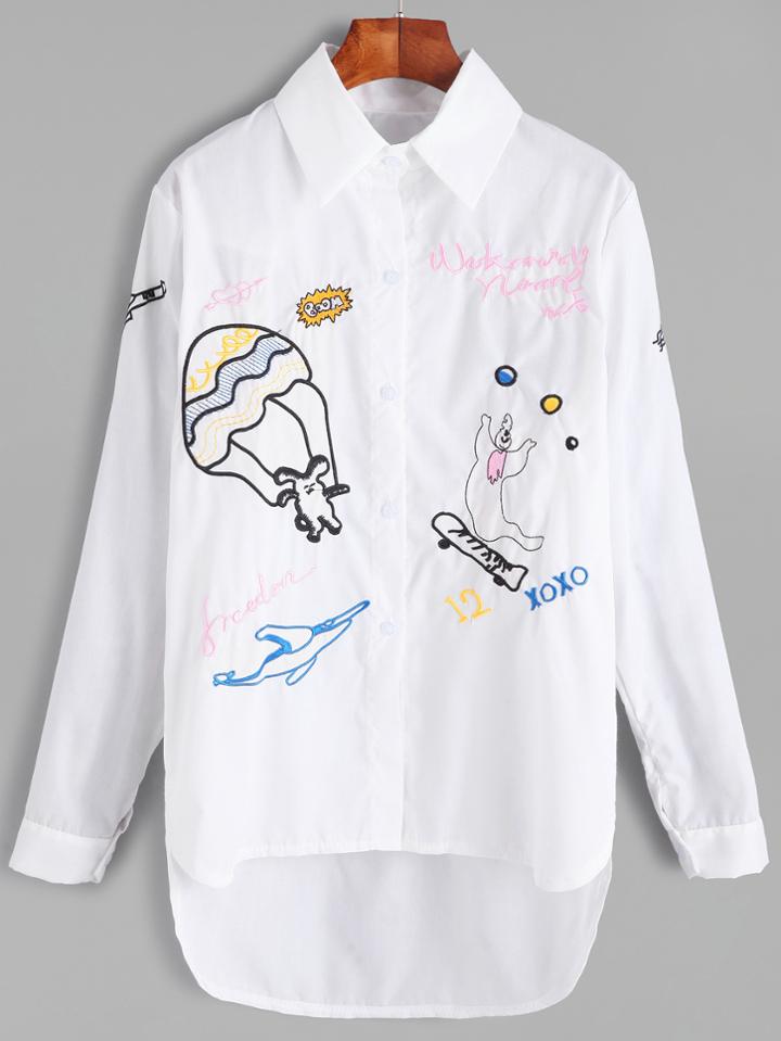 Romwe White Cartoon Embroidered Dip Hem Blouse