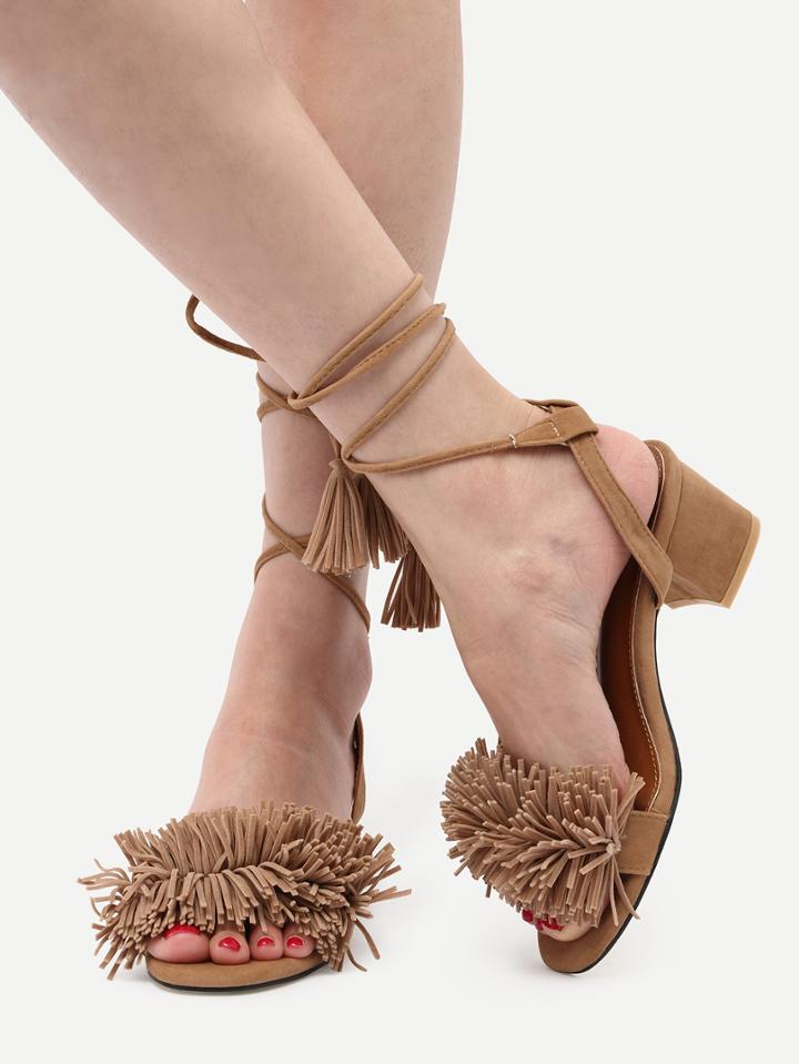 Romwe Aricot Lace Up Single Sole Tassel Chunky Pumps