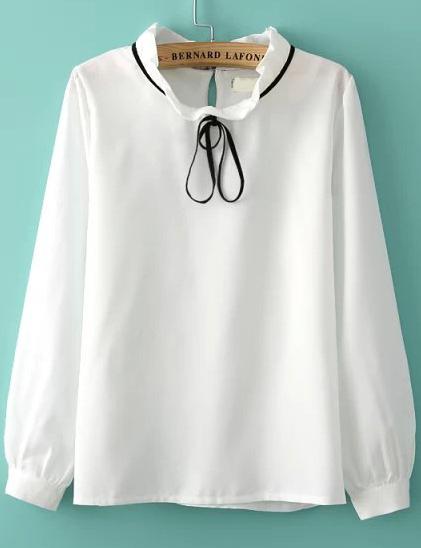 Romwe White Tie Collar Long Sleeve Loose Blouse