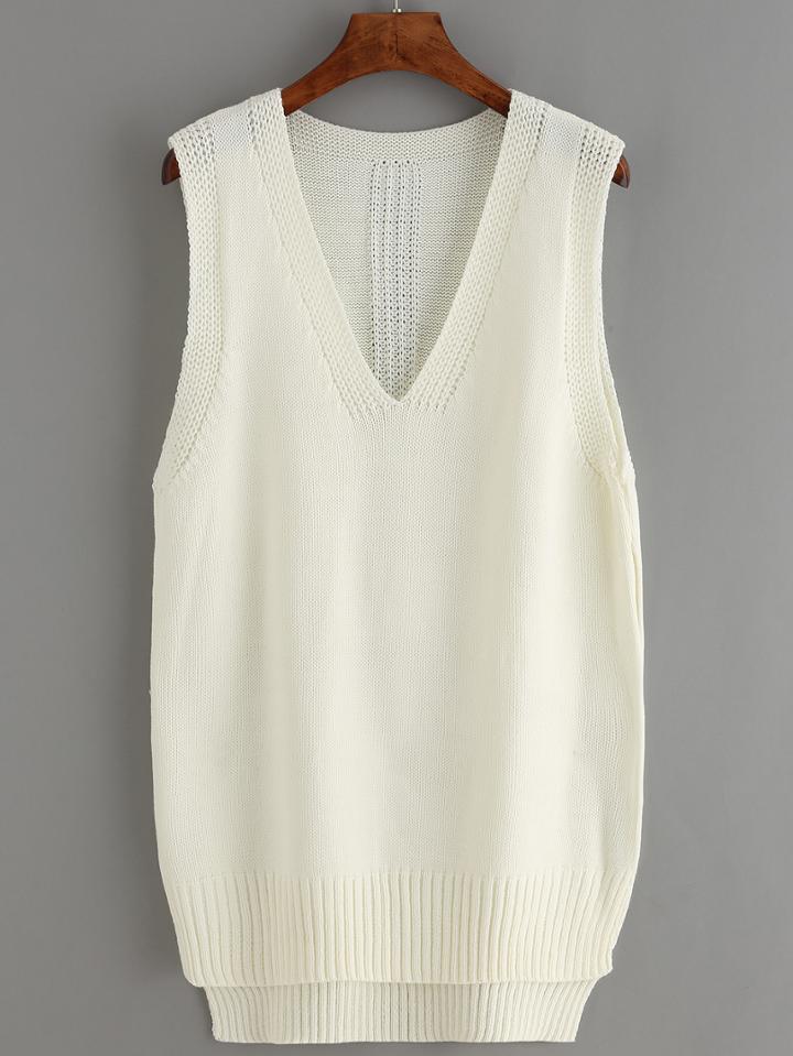 Romwe V Neck Dip Hem Split White Vest Sweater