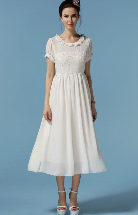 Romwe Round Neck With Lace Embroidered Pleated Dress