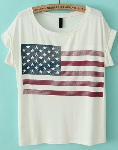 Romwe American Flag Print White T-shirt