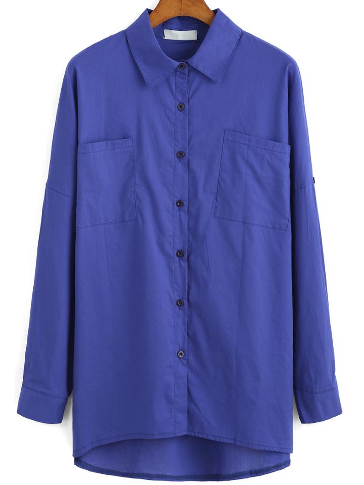 Romwe Lapel Dip Hem Pockets Blouse
