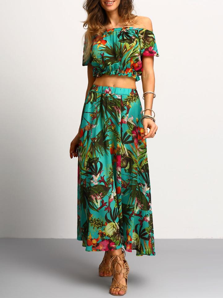 Romwe Off The Shoulder Crop Top With Florals Chiffon Skirt
