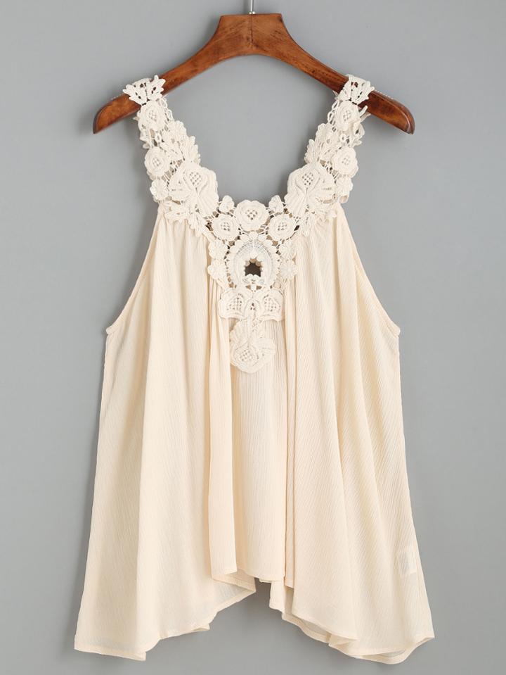 Romwe Apricot Crochet Lace Pleated Top