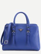 Romwe Blue Pebbled Pu Double Buckle Handbag With Strap