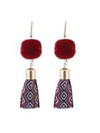 Romwe Red Ethnic Fur Ball Embroidery Earrings