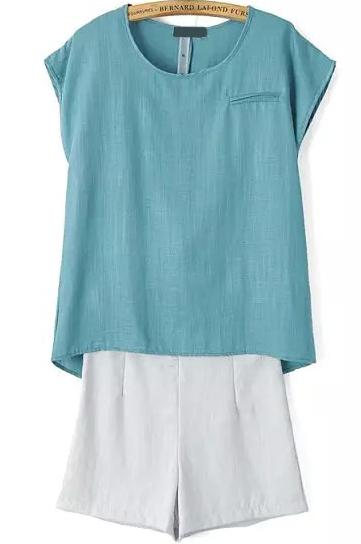 Romwe Round Neck Loose Green Top With Zipper Shorts