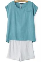 Romwe Round Neck Loose Green Top With Zipper Shorts