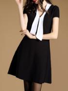 Romwe Black Contrast White V Neck A-line Dress