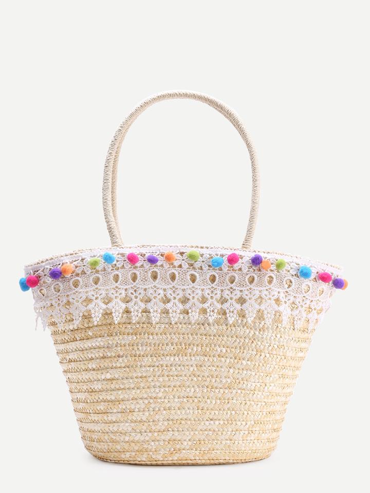 Romwe Lace Crochet Design Tote Bag With Pompom