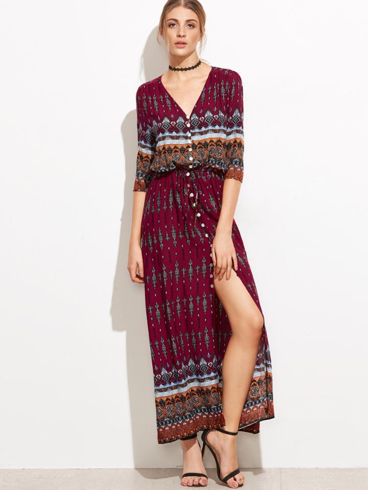 Romwe Tribal Print V Neck Button Front Dress