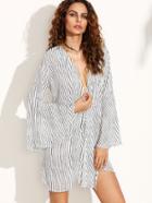 Romwe White Surplice Front Striped Bell Sleeve Dress