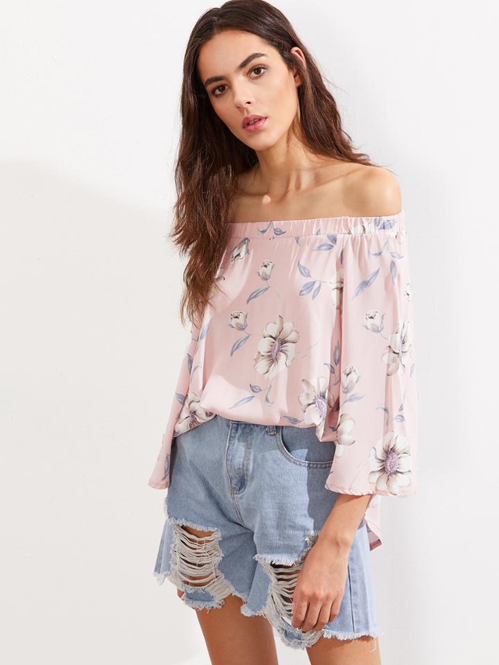 Romwe Bardot Floral Print Dip Hem Split Back Blouse