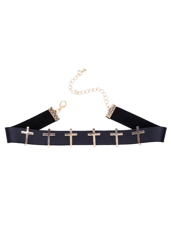 Romwe Black Ribbon Gold Cross Choker Necklace