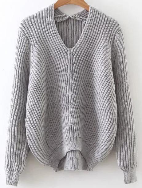 Romwe Grey V Neck Ribbed Asymmetrical Sweater