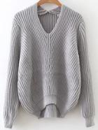 Romwe Grey V Neck Ribbed Asymmetrical Sweater