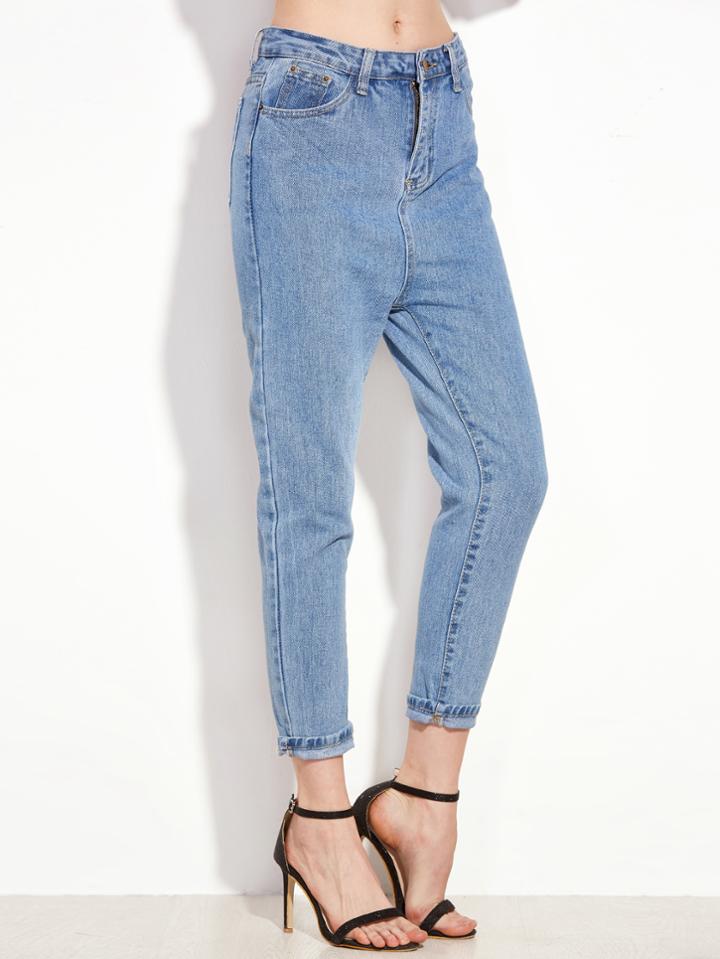 Romwe Blue Mid Waist Loose Denim Pants