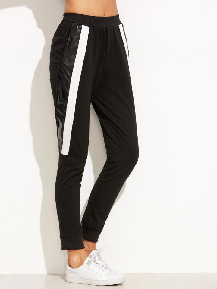 Romwe Black Contrast Panel Elastic Waist Pants