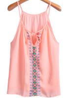 Romwe Spaghetti Strap Embroidery Pink Vest