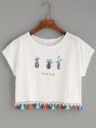 Romwe White Letters Pineapple Print Fringe T-shirt