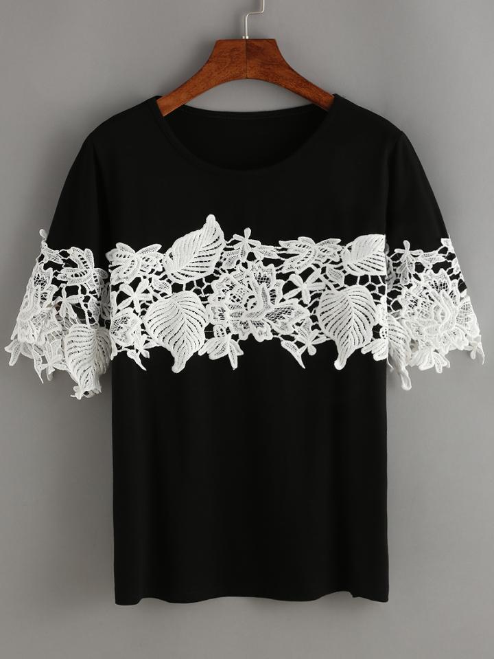 Romwe Black Contrast Lace T-shirt