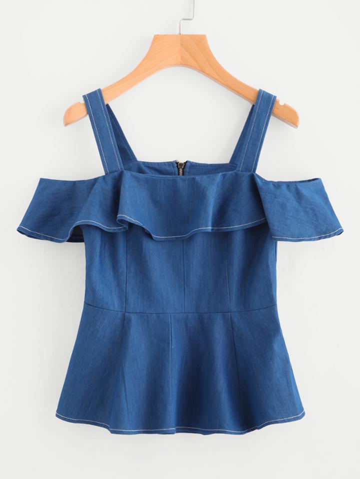 Romwe Flounce Trim Tailored Chambray Peplum Top