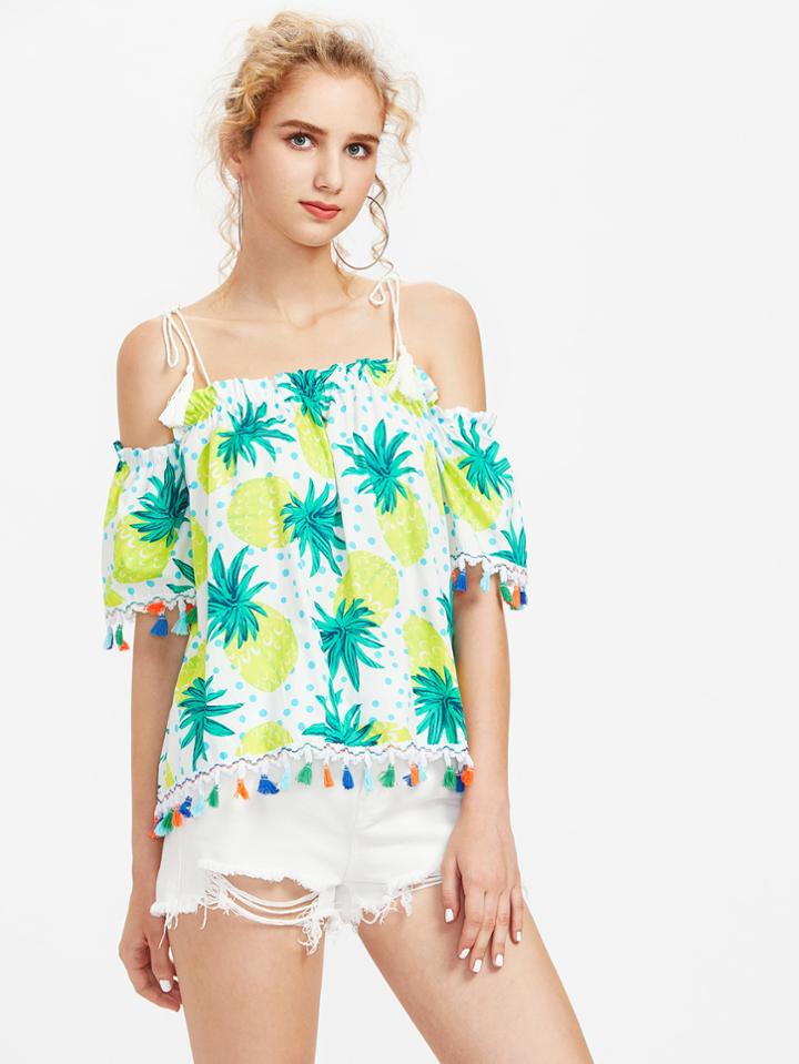 Romwe Self Tie Shoulder Pineapple Print Dot Tassel Top