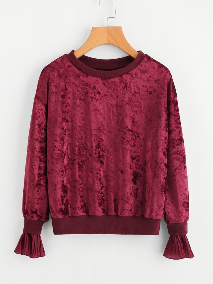 Romwe Contrast Ruffle Cuff Velvet Sweatshirt