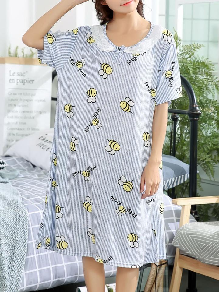 Romwe Bee Print Striped Dress