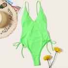 Romwe Neon Lime Backless Lace-up Side One Piece Swimsuit